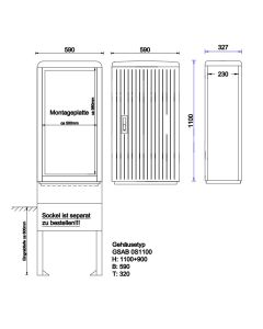 Standardised empty cabinet with PVC installation panel, dual swing handle,  H 1100 x W 590 x D 320