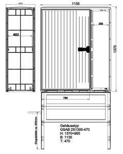 Standardized cabinet with 2/3 and 1/3 single swing handle, HxWxD: 1370x1135x470