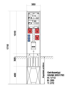 Festplatzverteiler mit Sockel HxBxT:1710x350x280mm best.mit NH00,2xCEE32,CEE16,3xSch. inkl. FP-Ei