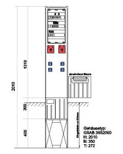 Festplatzverteiler mit Sockel HxBxT:2010x350x280 mit CEE32,CEE16, 4xSchuko inkl. FP-Einführung