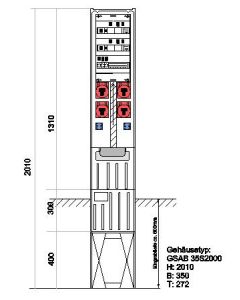 Festplatzverteiler mit Sockel HxBxT 2010x350x280 mit CEE32,2xCEE16,4xSchuko inkl. FP-Einführung