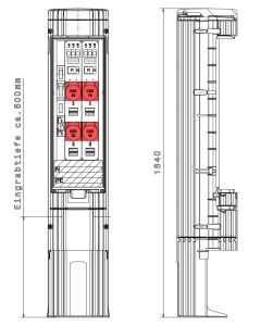 GSAB-Pollerl, Höhe 1811, Durchm. 360mm, NH00-Sicherungsl., Systemleiste CEE16+CEE32, Festplatzeinf.