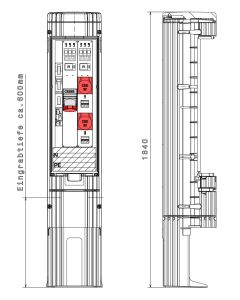 GSAB-Pollerl, Höhe 1811, Durchm. 360mm, NH00-Sicherungsl., Systemleiste CEE63+CEE32, Festplatzeinf.