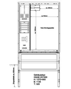 Zähleranschlusssäule SH-Netz (1Zähler) VNB-Teil m. 1/3-Tür, rechts  Montageplatte PVC 6m