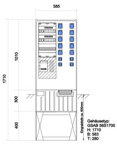 Festplatzverteiler mit Sockel HxBxT:1710x585x280 best.mit NH00,10xCE16,4xSchuko inkl.FP-Einführung