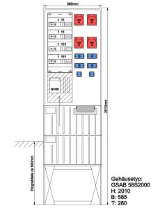 Festplatzverteiler mit Sockel HxBxT:2010x585x280 mit NH00,2xCEE32,2xCEE16,10xSchuko inkl. FP-Einf.