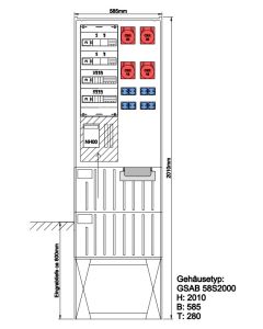 Festplatzverteiler mit Sockel HxBxT:2010x585x280 mit NH00,2xCEE32,2xCEE16,8xSchuko inkl. FP-Einf.