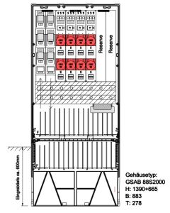 Festplatzverteiler HxBxT:1390x883x280 mit Sammelschiene 630A, 5-pol, 2LSL2-4xSys-2x32 inkl. FP-Ein