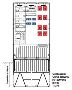 Festplatzverteiler HxBxT:1390x883x280 mit 4x32+4x16+8xSchuko inkl. FP-Einführung