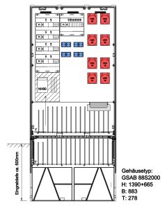 Festplatzverteiler HxBxT:1390x883x280 mit 4x32+4x16+8xSchuko inkl. FP-Einführung